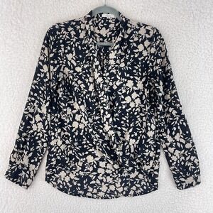 Pleione‎ Black Floral Print Long Sleeve Shirt Womens Draped Neck Sheer Size XS